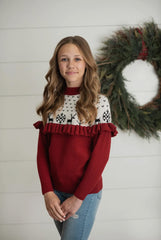 Dark Red/Burgundy Ruffle Christmas Sweater -Girl