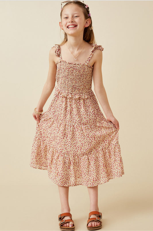 Girls Disty Floral Smocked Tie Shoulder Dress