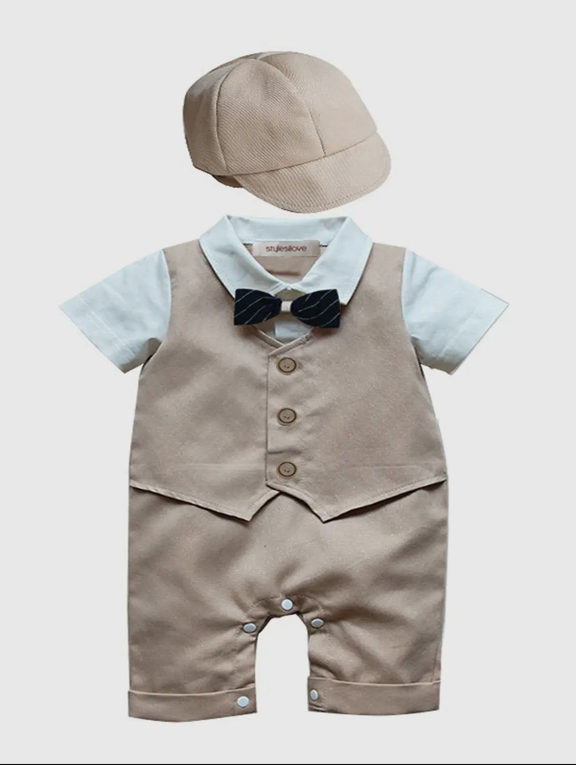 Khaki Tuxedo Baby Romper and Hat