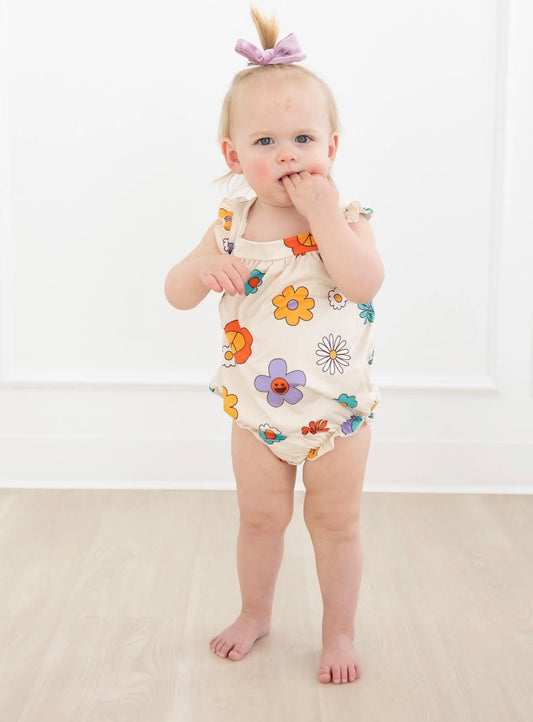 Happy Flowers Ruffle Cross Back-Girl Romper