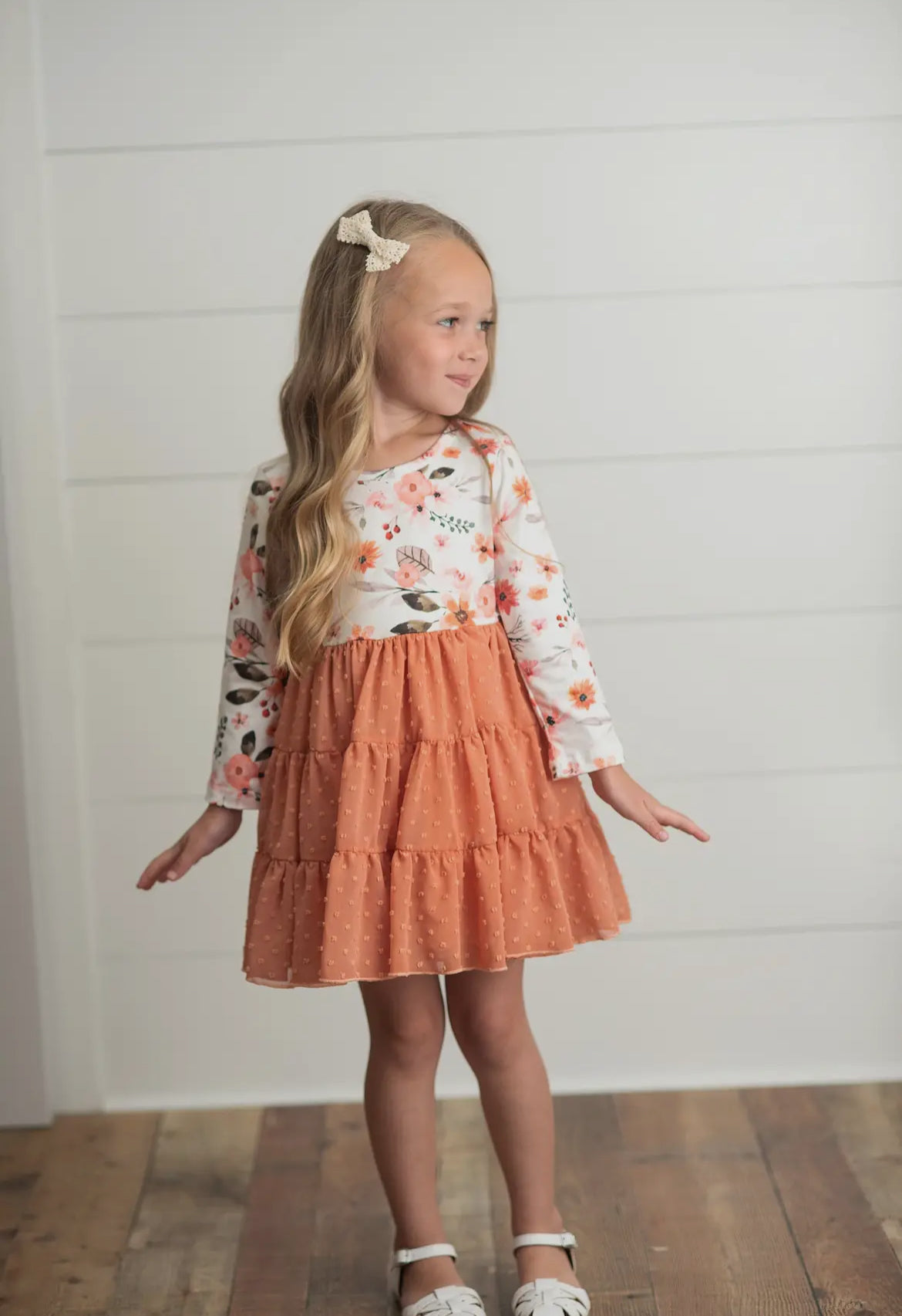 Rust Floral Print Swiss Dot Tulle Fall Dress