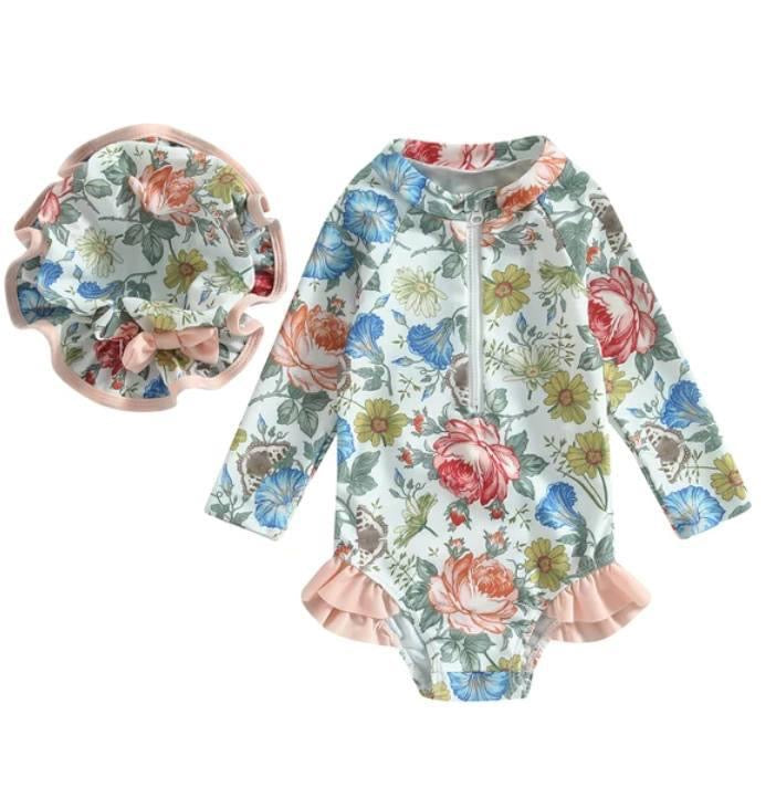 Floral L/S Swim Girl with Matching Hat