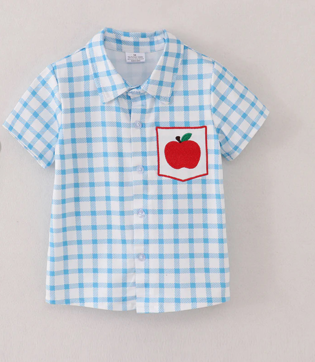 Blue White Plaid Apple Embroidery Button Up Front