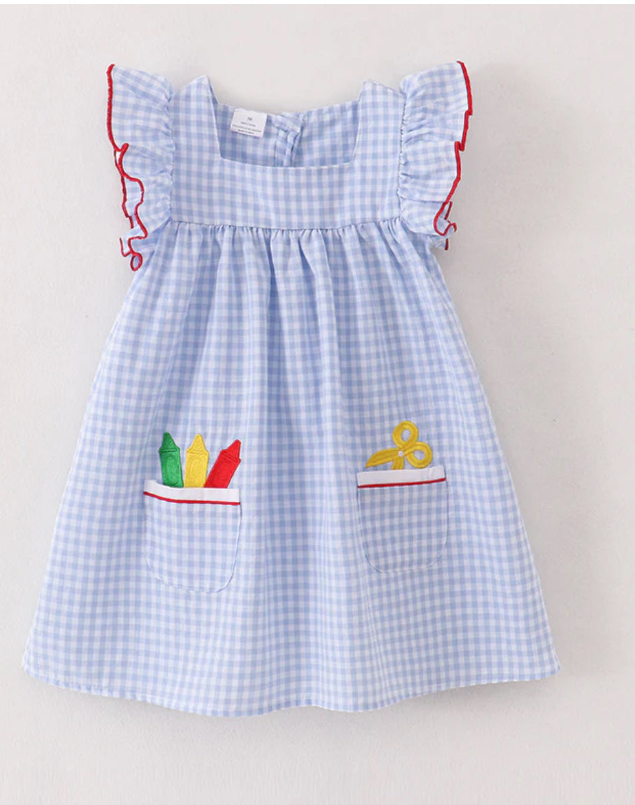 Blue Plaid Crayon Embroidery Pocket Cotton Dress