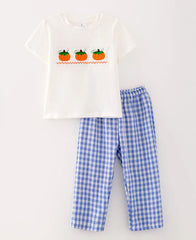 Blue Gingham Embroidery Pumpkin 2PC Boy Fall Outfit