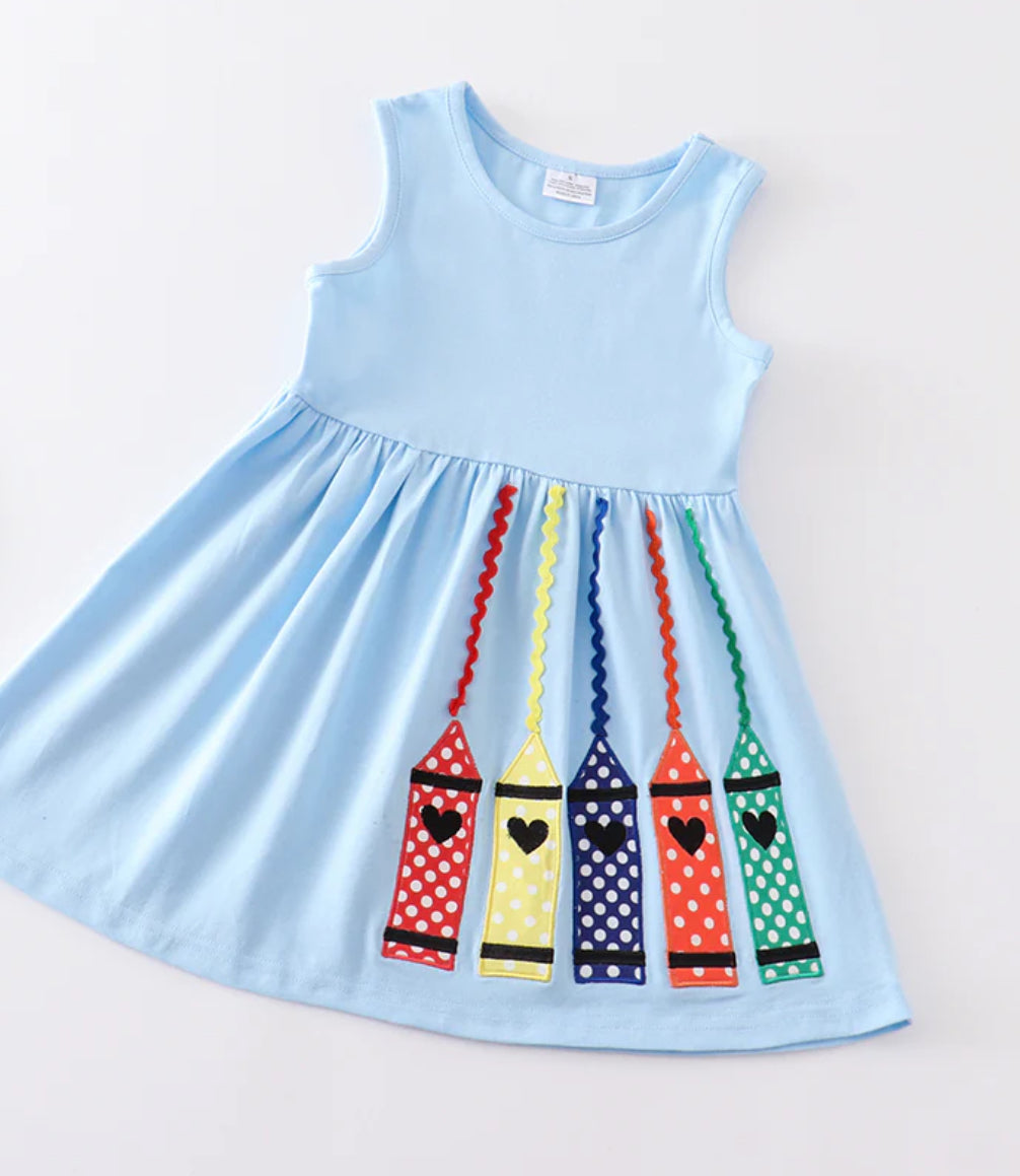 Girls Blue Pencil Embroidery Dress