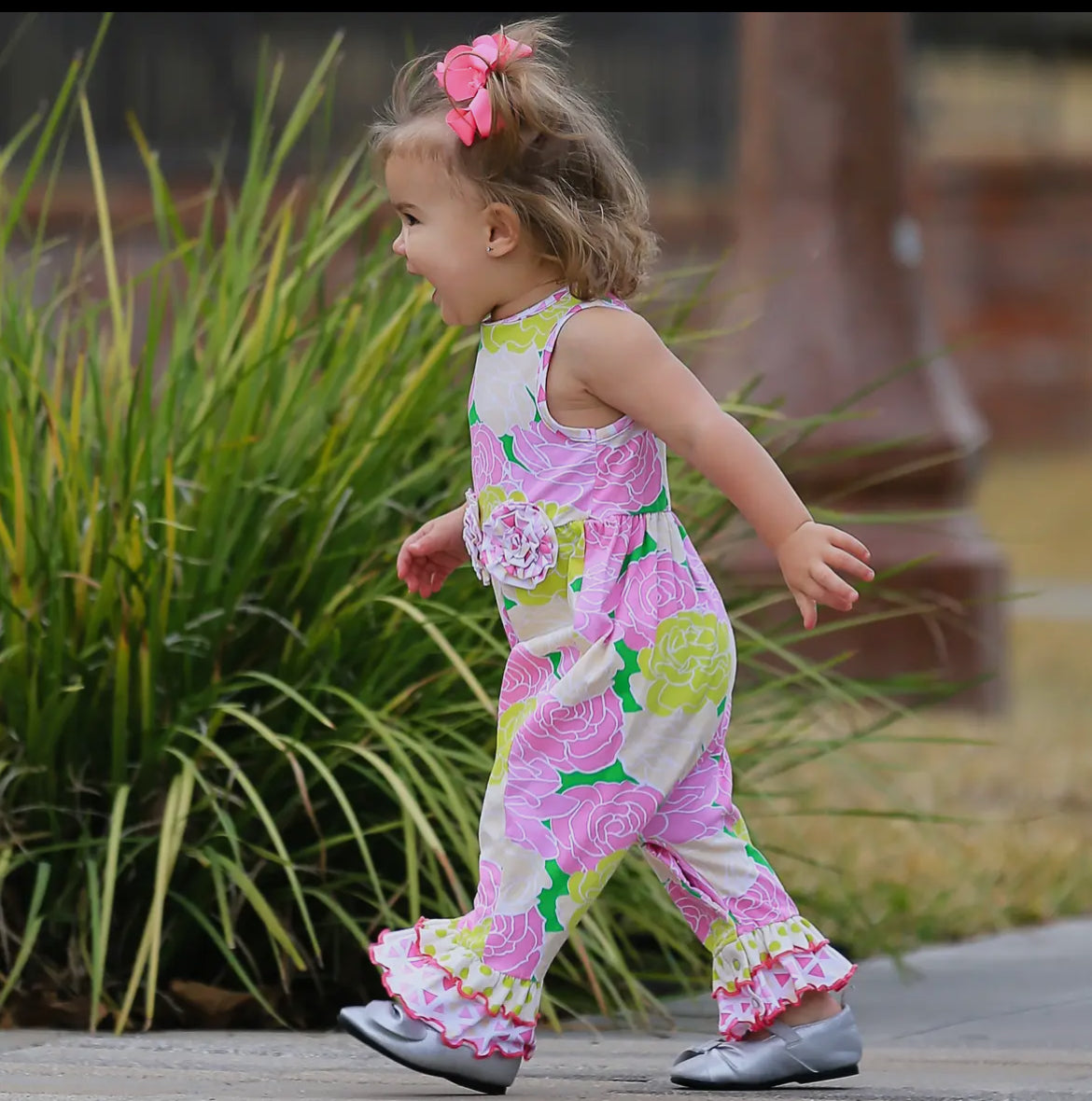 Spring Pink Floral Ruffle Romper-Girl