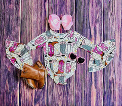 Multicolor Cowgirl Boots Print Flare Sleeves-Girl Romper