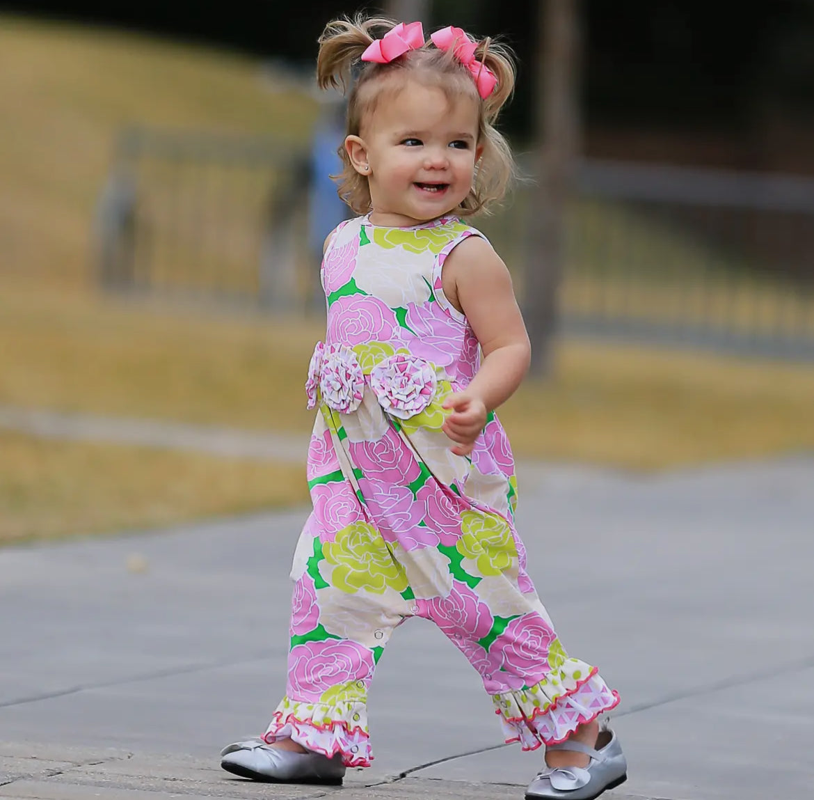 Spring Pink Floral Ruffle Romper-Girl