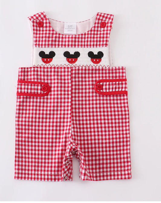 Boys Woven Gingham Smocked Mickey Romper