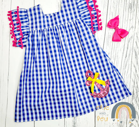Nautical Me Gingham with Pom Pom Sleeves Dress-Girl