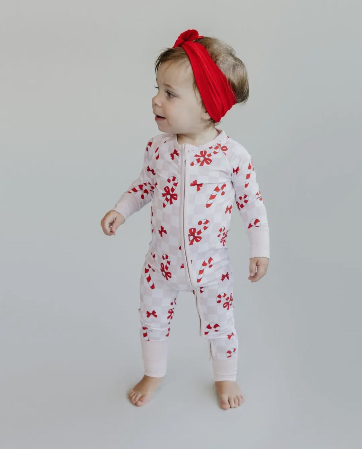 Christmas Baby Bamboo Zip Romper I Bows & Candy Cane