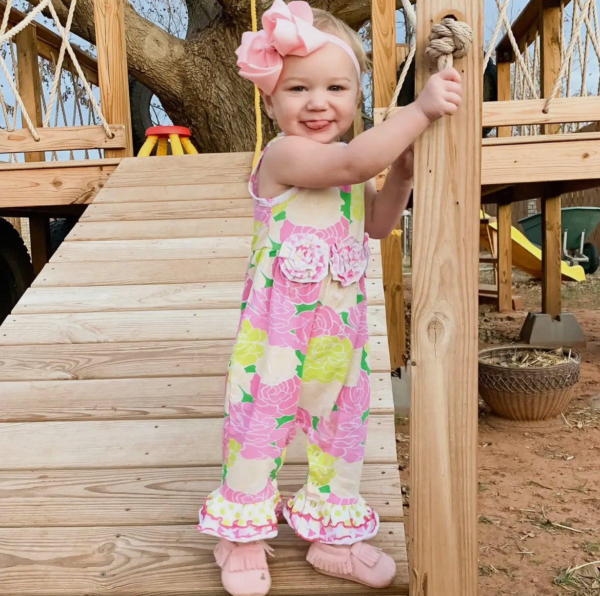 Spring Pink Floral Ruffle Romper-Girl