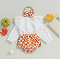 Pumpkin Lace w/Headband-Infant Girl Romper