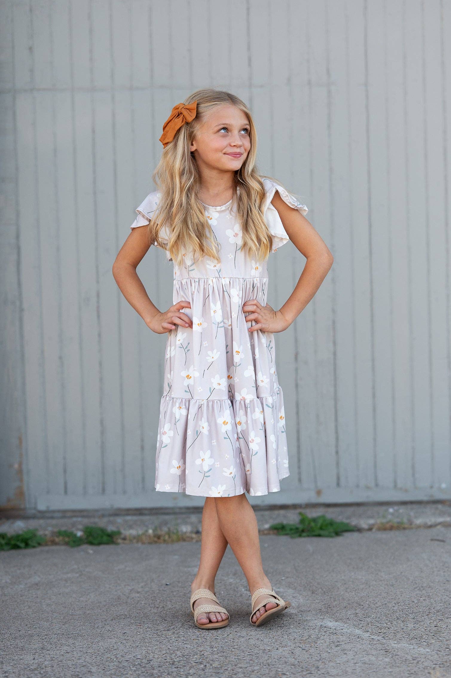 Girls Emma Taupe Spring Floral Flutter Sleeve Twirl Dress