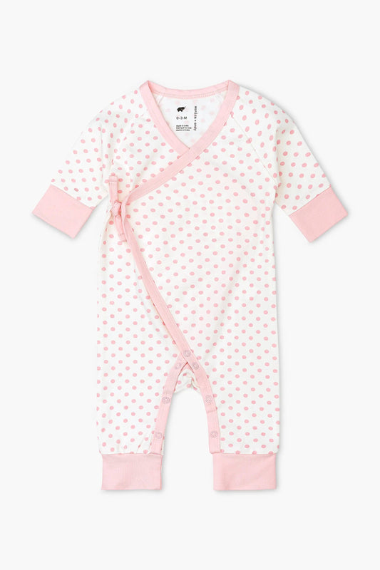 Kimono Tie One-Piece_Light Pink Polka Dots blend with Organic Cotton