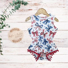 Baby Girls July 1st Red & Blue Bow Pom Romper