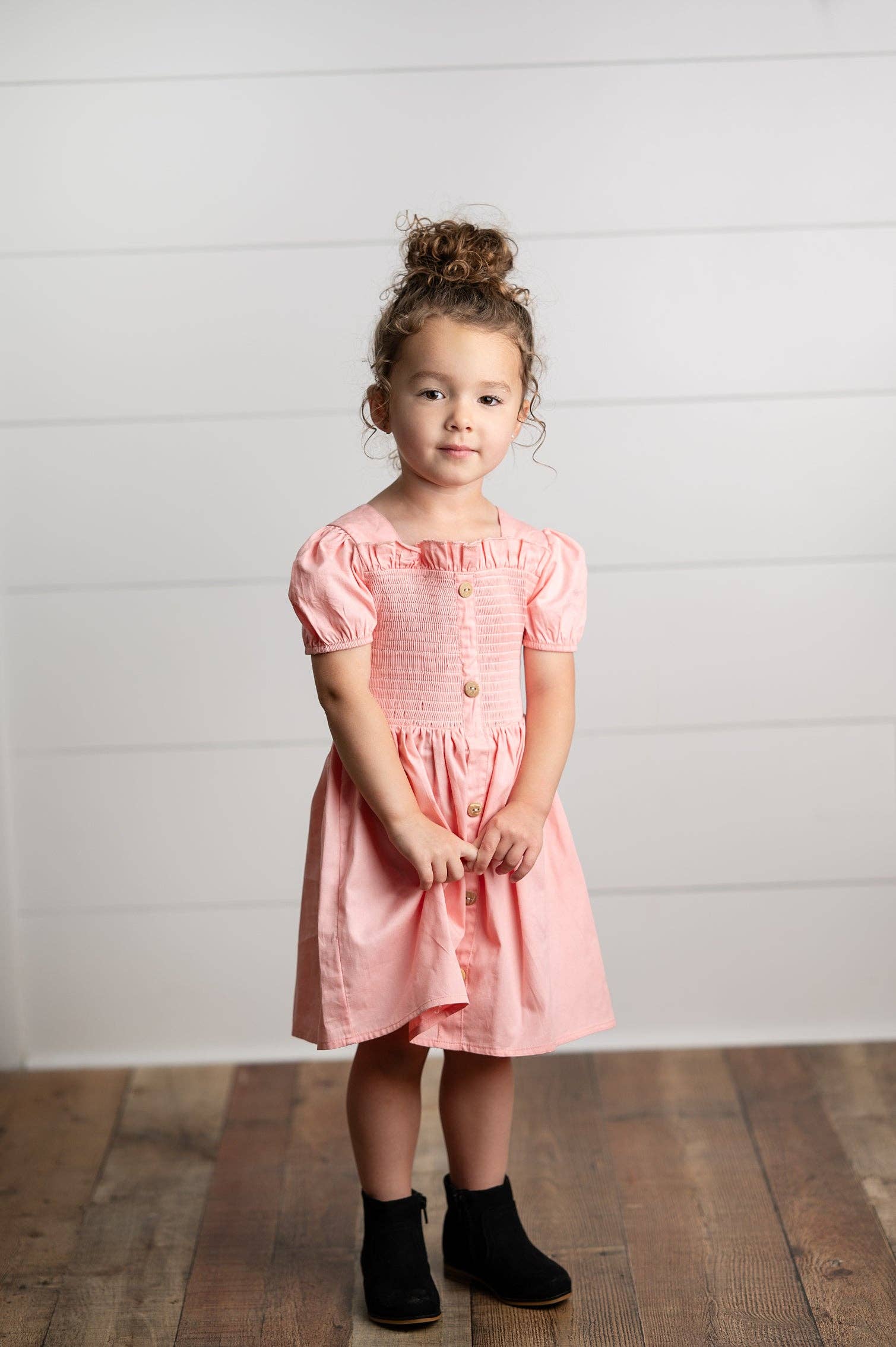 Girls Blush Pink Shirred Puff Sleeve Spring Easter Dress