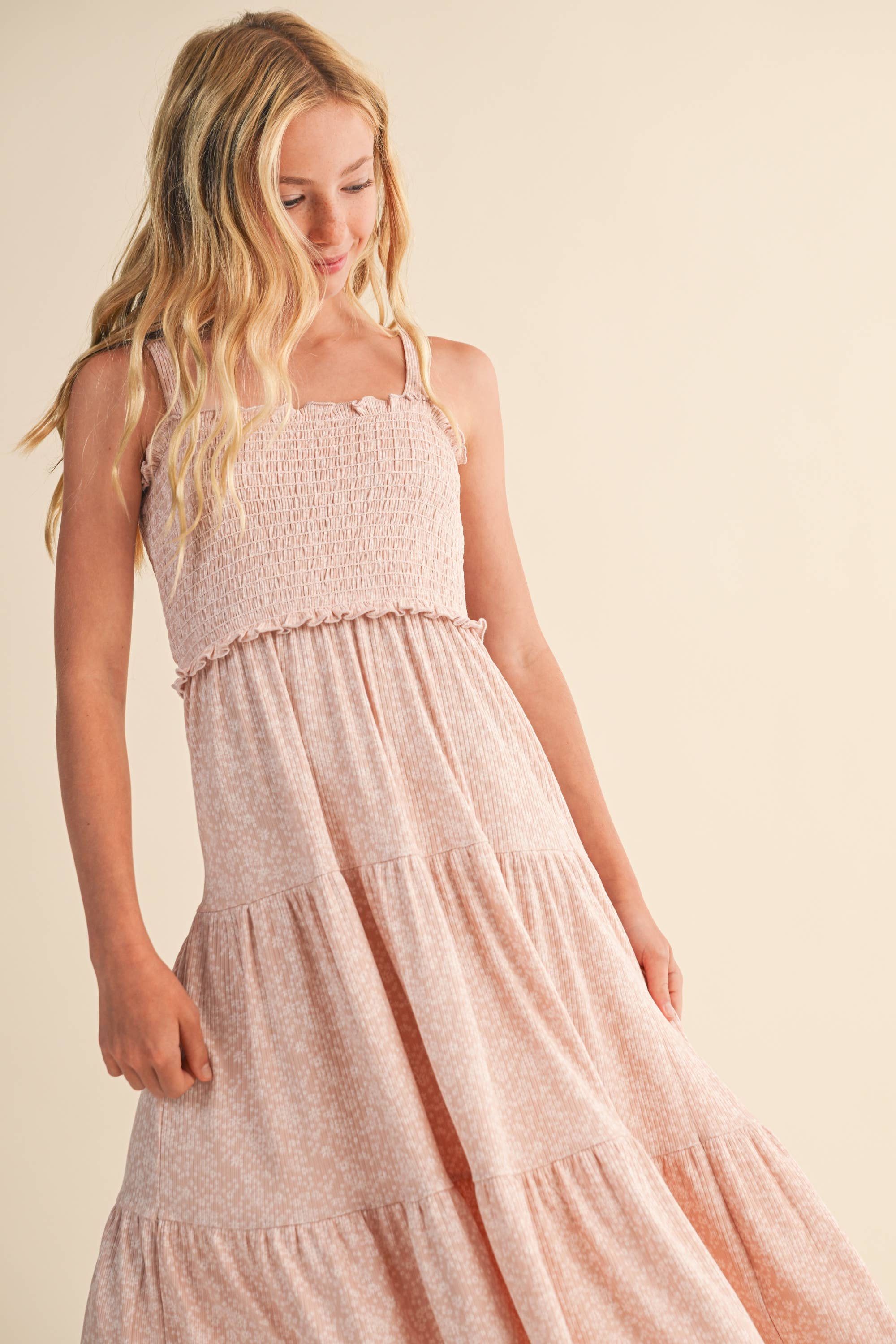 TWEEN GIRLS KIDS SMOCKED TIERED MIDI DRESS (7-12)