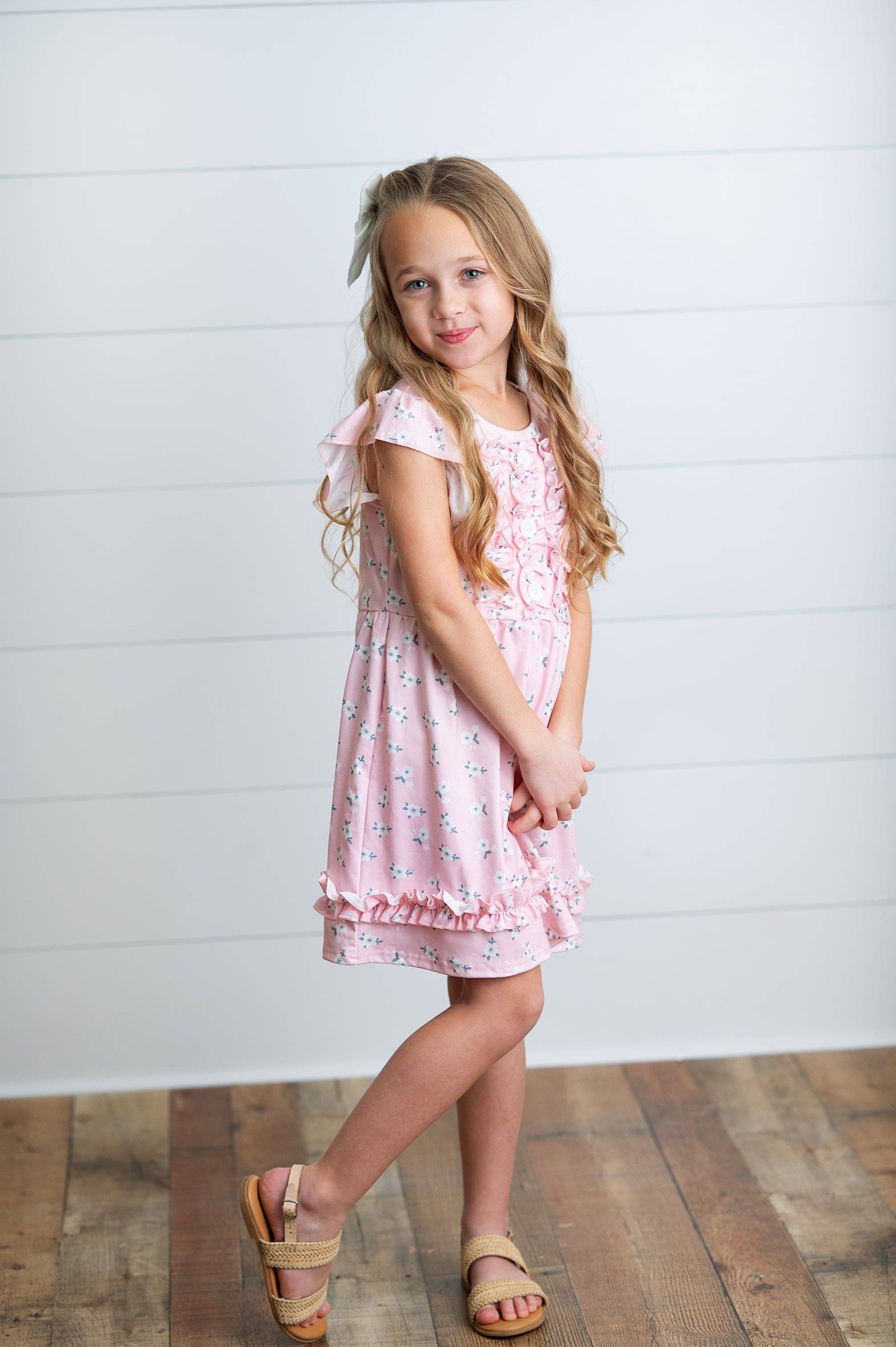 Kids Pink Blush Dainty Flower Button Ruffle Spring Dress