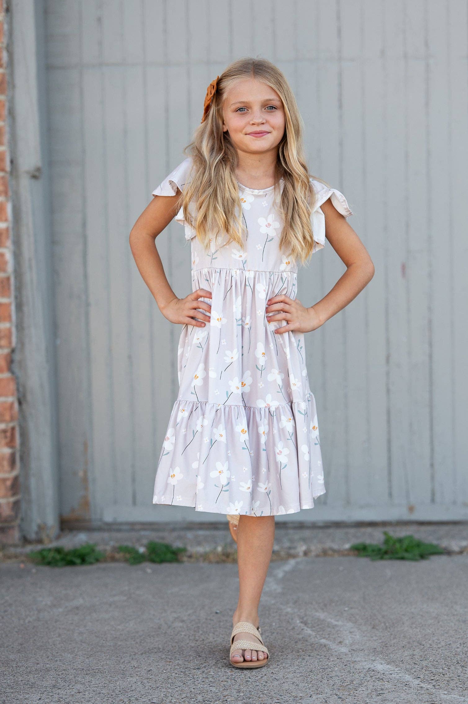 Girls Emma Taupe Spring Floral Flutter Sleeve Twirl Dress