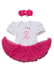 Fuchsia-White 2nd Year Toddler Romper Tutu Dress & Headband