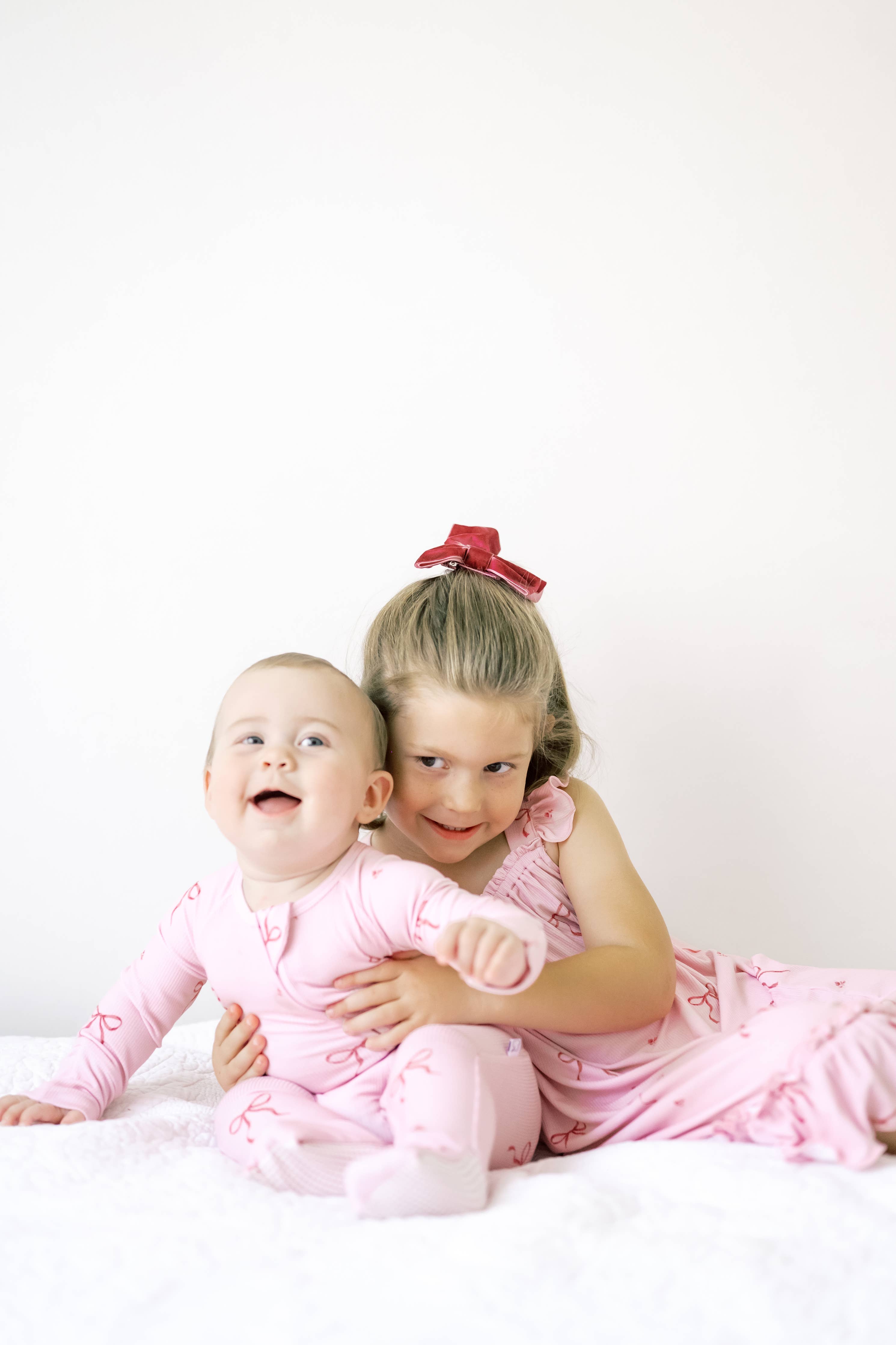 Ribbed Bamboo Convertible Romper in Pink Bows