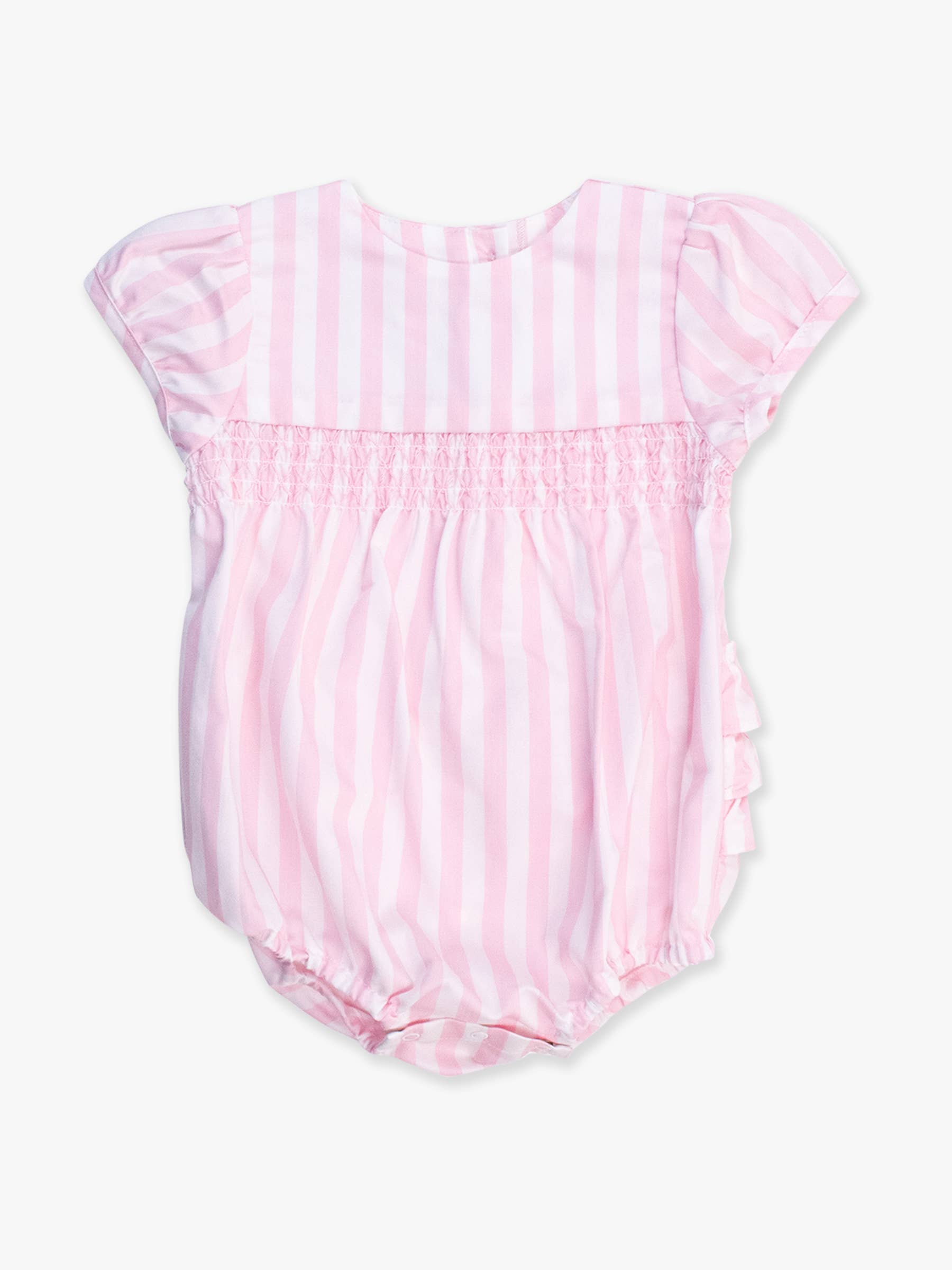 Baby Girls Baby Pink Stripe Stripe Puff Sleeve Smocked Romper
