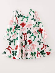 Girls Christmas Bow Print Dress