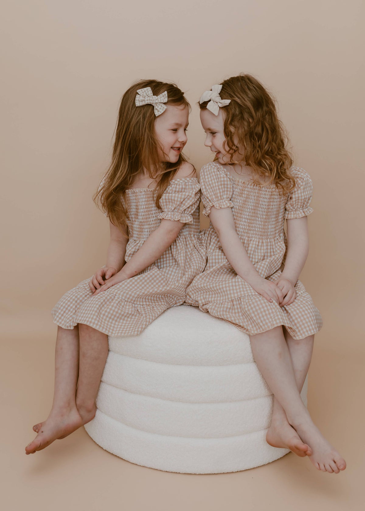 Smocked Tan Gingham Dress