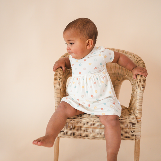 Bamboo Short Sleeve Twirl Bodysuit Dress - Sunlit Daisy
