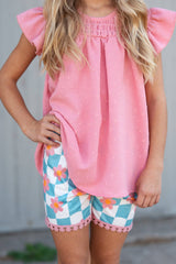 Girls Pink & Teal Spring Summer Retro Check Wave Short Set