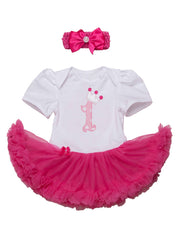 Fuchsia-White 1st Year Baby Romper Tutu Dress & Headband