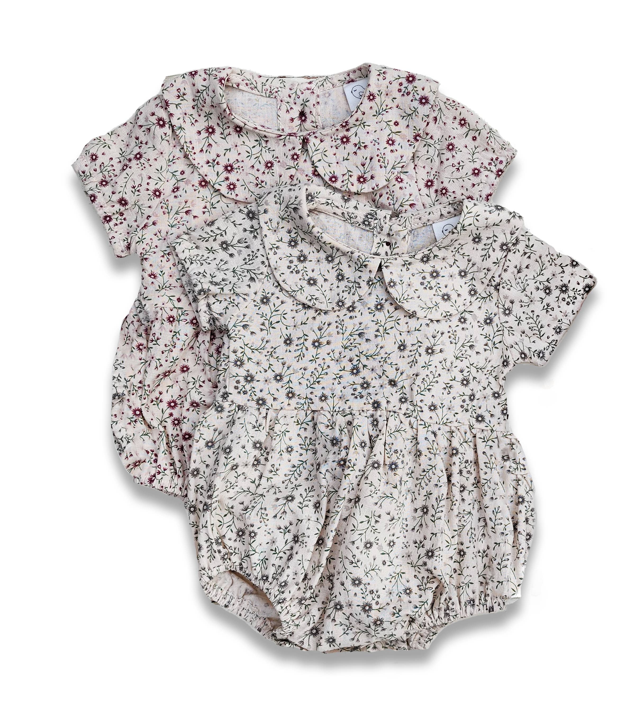 Baby Girl Cotton Romper Neutral Spring Allie FLORAL w/Bow