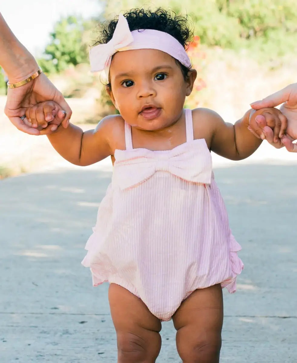 Baby Girls Pink Seersucker Bow Front Bubble Woven Romper