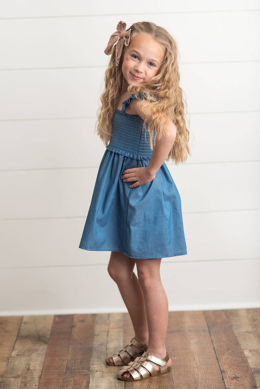Girls Blue Shirred Cotton Ruffle Spring Summer Easter Dress