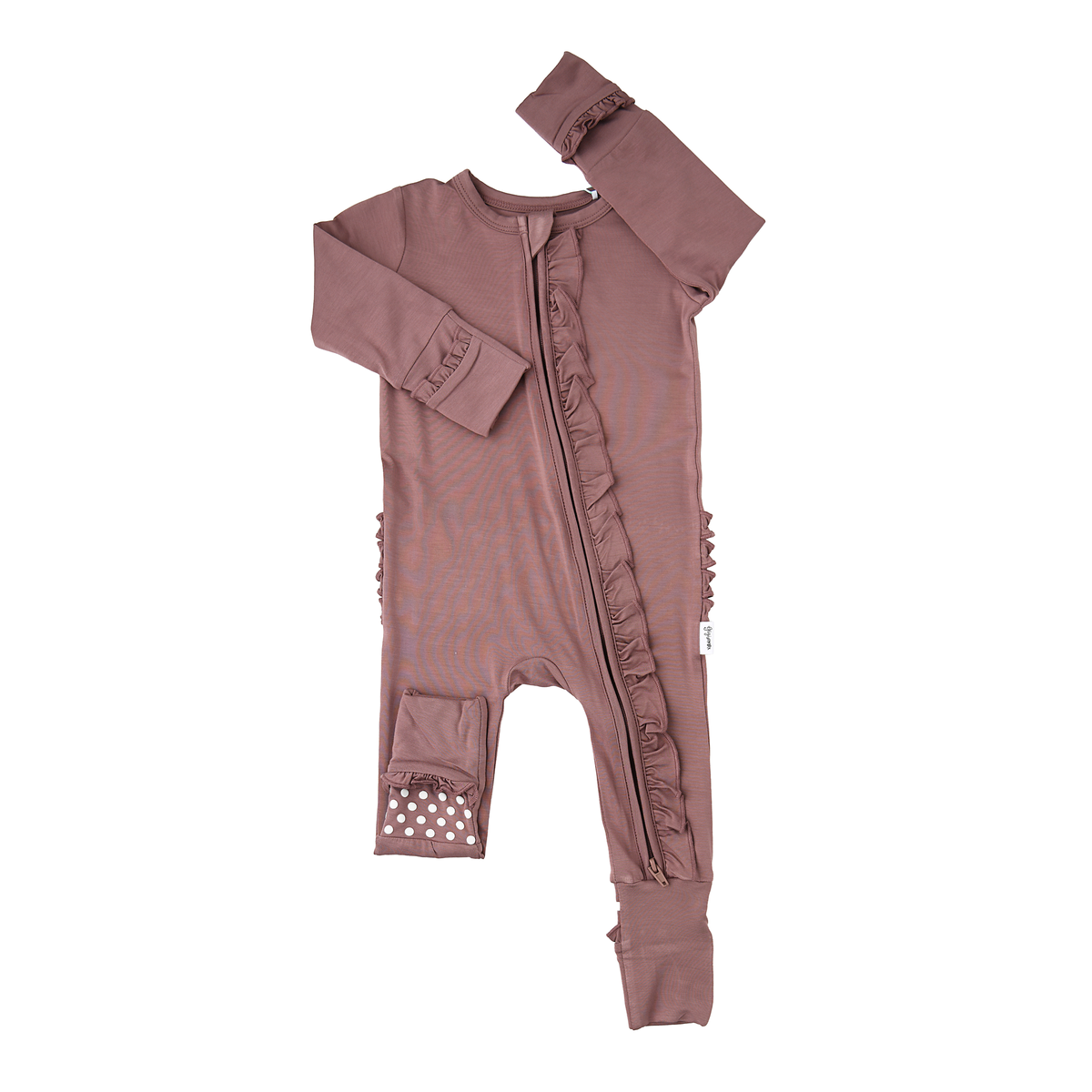 Mauve RUFFLE ZIP Bamboo Keepsake Two Way Zipper Baby Outfit