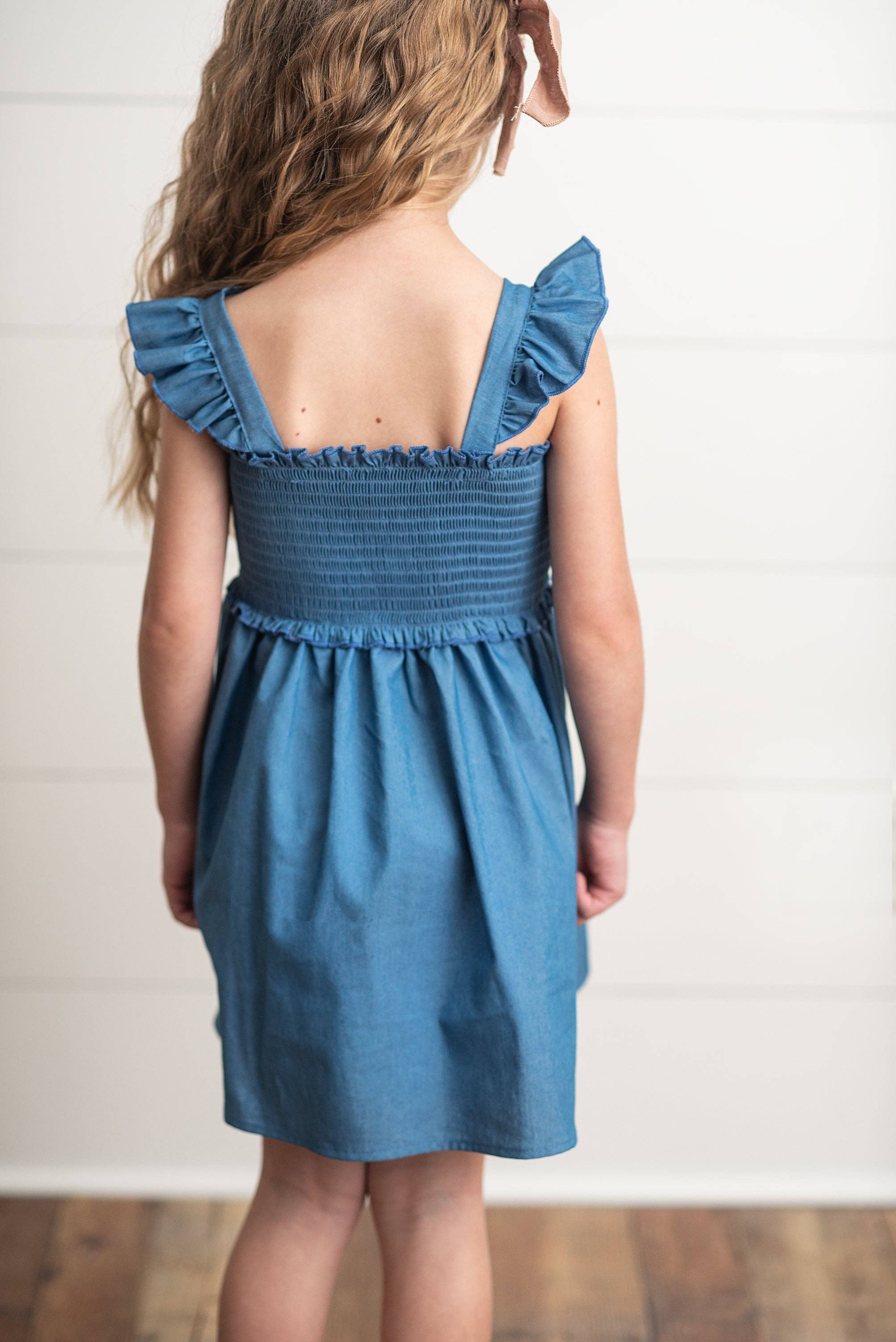 Girls Blue Shirred Cotton Ruffle Spring Summer Easter Dress