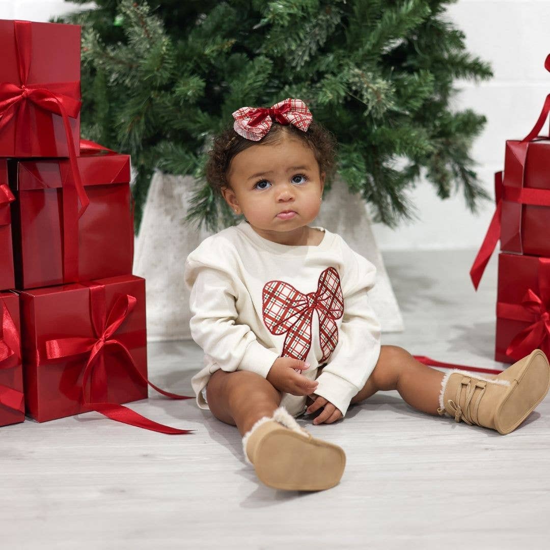 Christmas Plaid Bow Patch Long Sleeve Romper - Baby Clothing