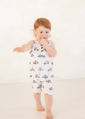 Vintage Cars (Ribbed) | Button Tank Romper Bamboo