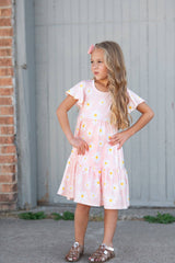 Girls Emma Pink Spring Daisy Flutter Sleeve Twirl Dress