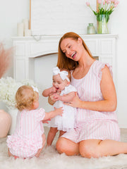 Baby Girls Baby Pink Stripe Stripe Puff Sleeve Smocked Romper