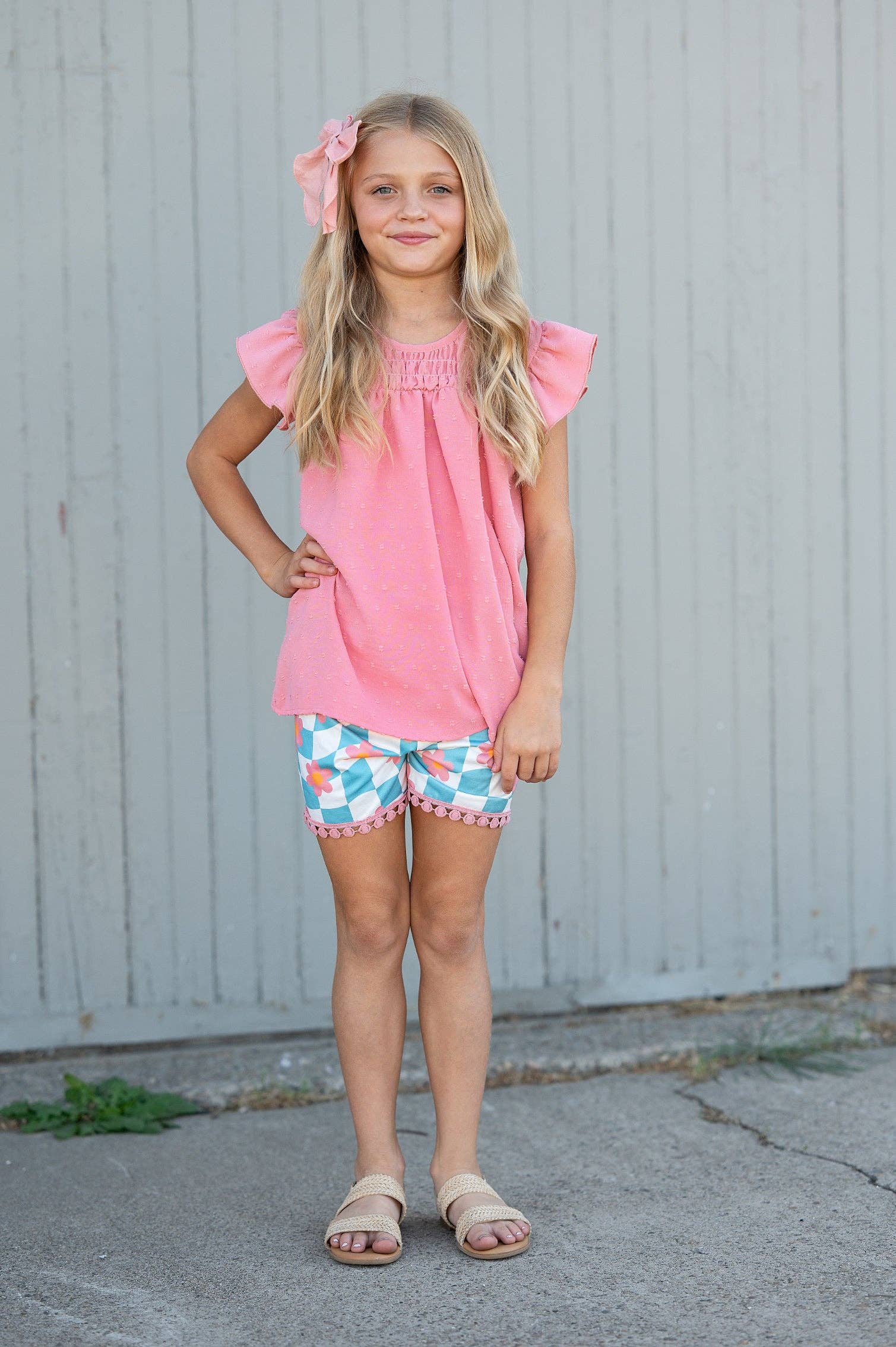 Girls Pink & Teal Spring Summer Retro Check Wave Short Set