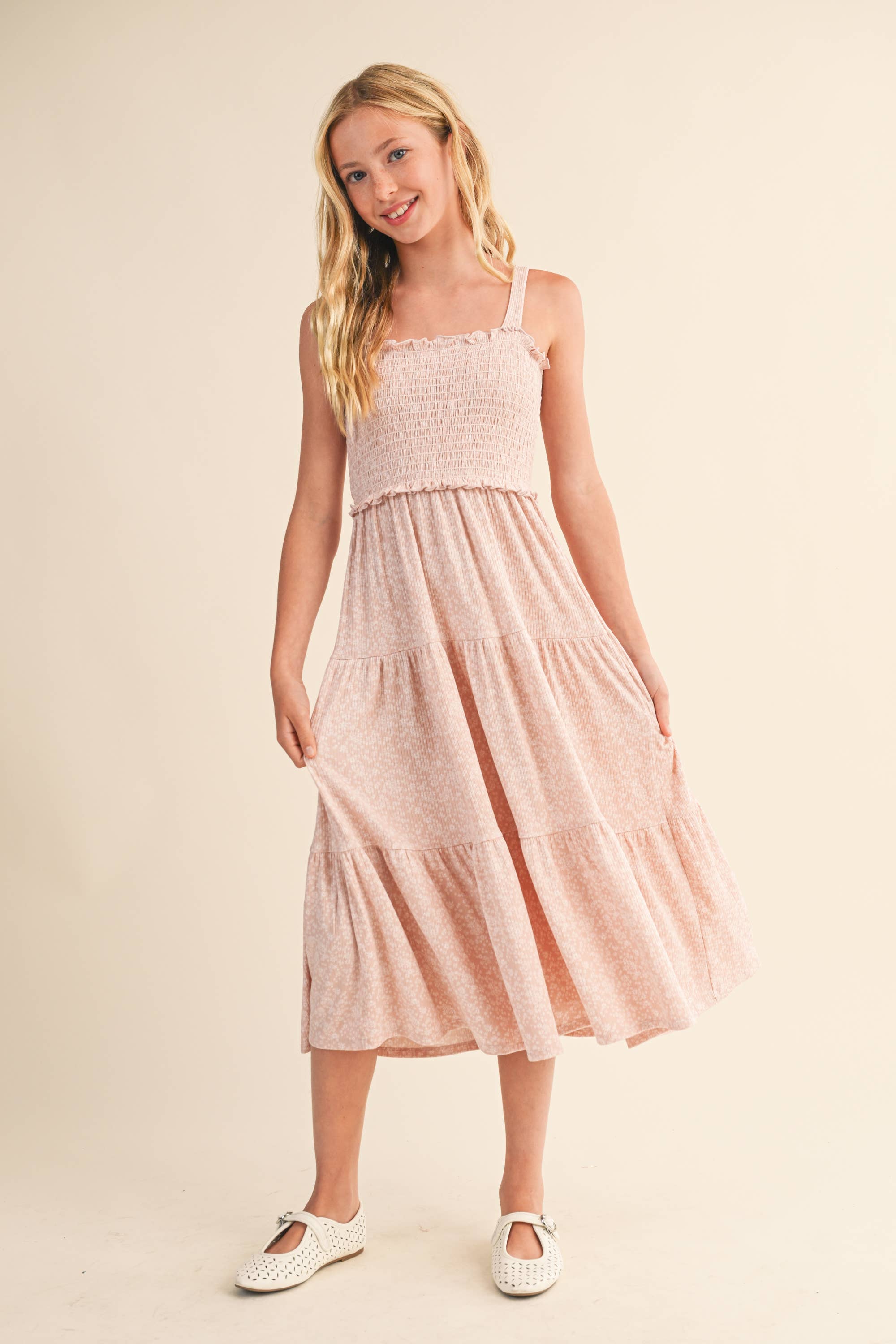 TWEEN GIRLS KIDS SMOCKED TIERED MIDI DRESS (7-12)