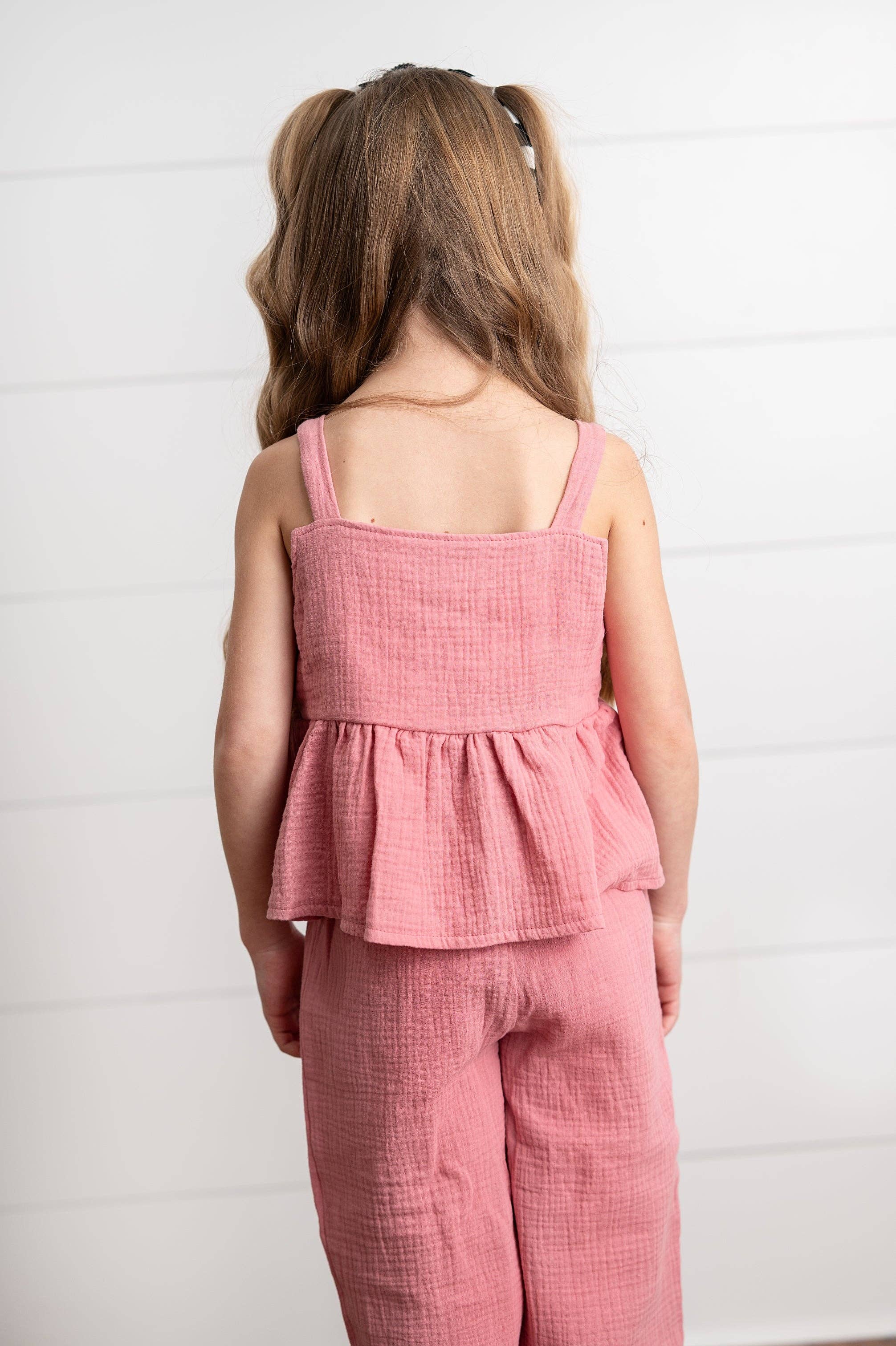 Girls Dusty Pink Gauze Weave Ruffle Spring Summer Set