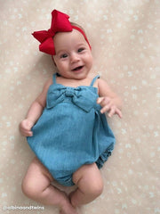 Baby Girls Light Wash Bow Front Bubble Woven Romper