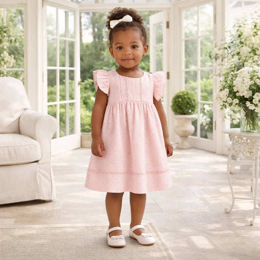 Girls Swiss Dot Cotton Dress Flutter Sleeves–Spring & Easter