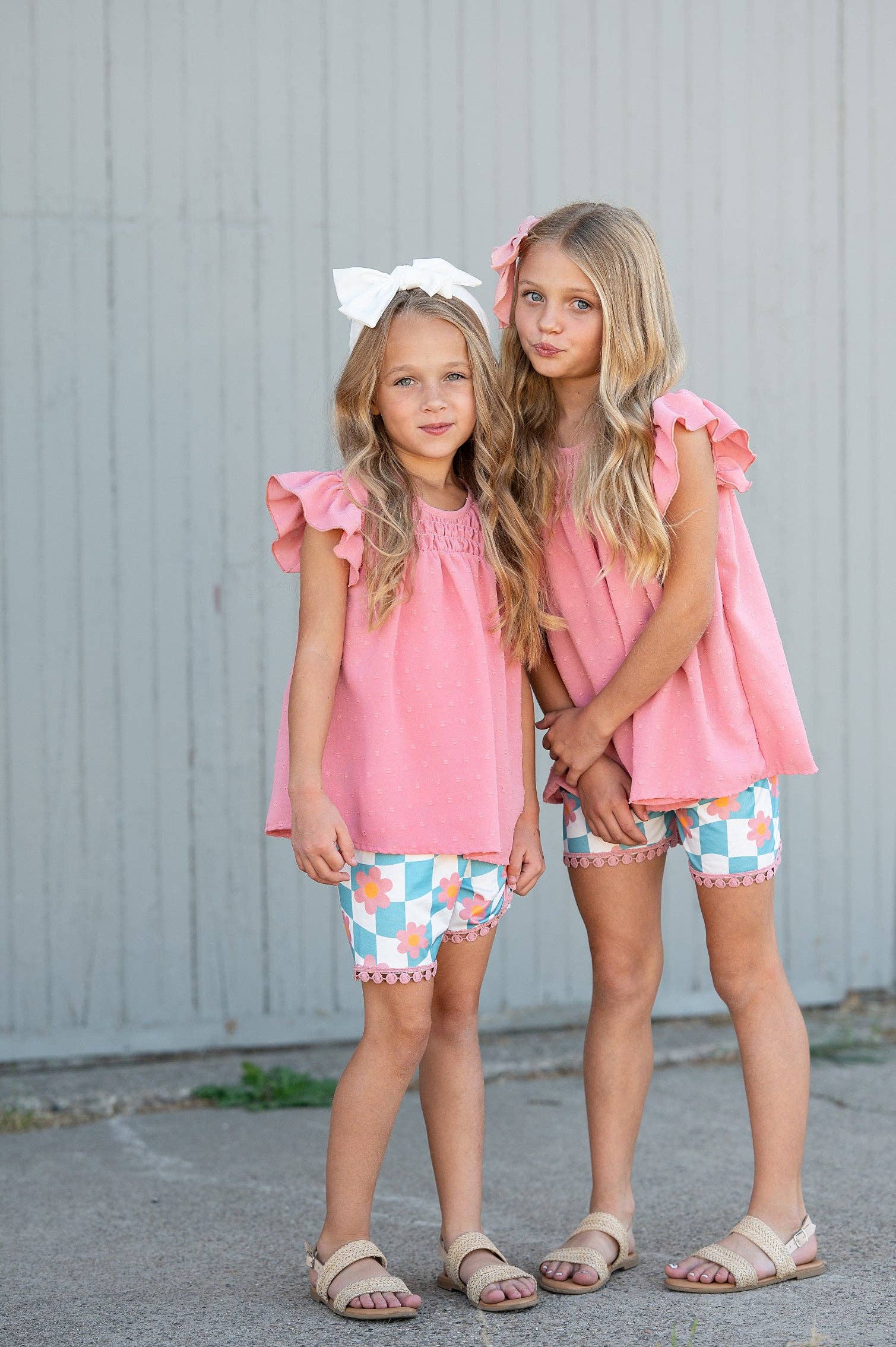 Girls Pink & Teal Spring Summer Retro Check Wave Short Set