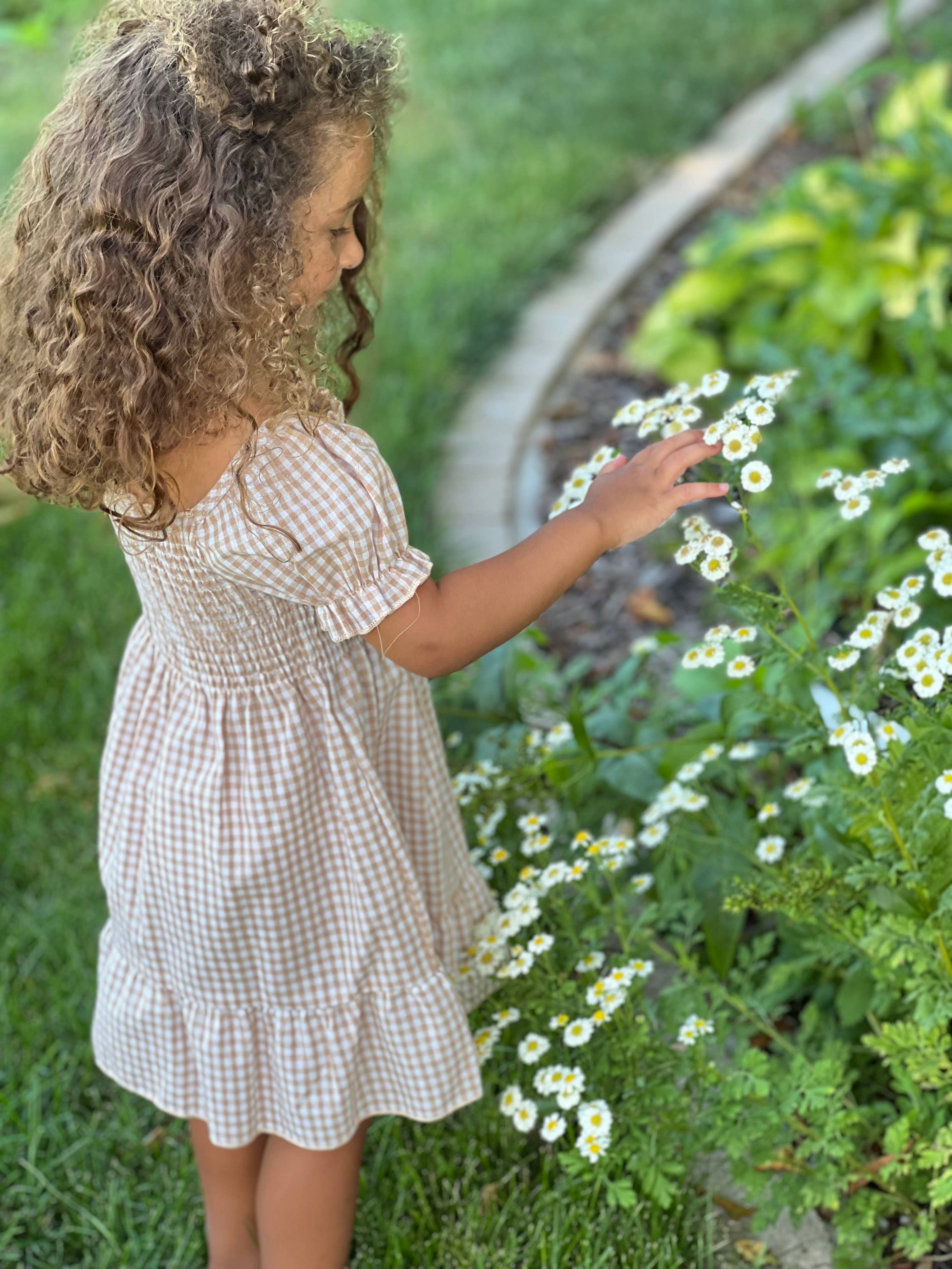 Smocked Tan Gingham Dress