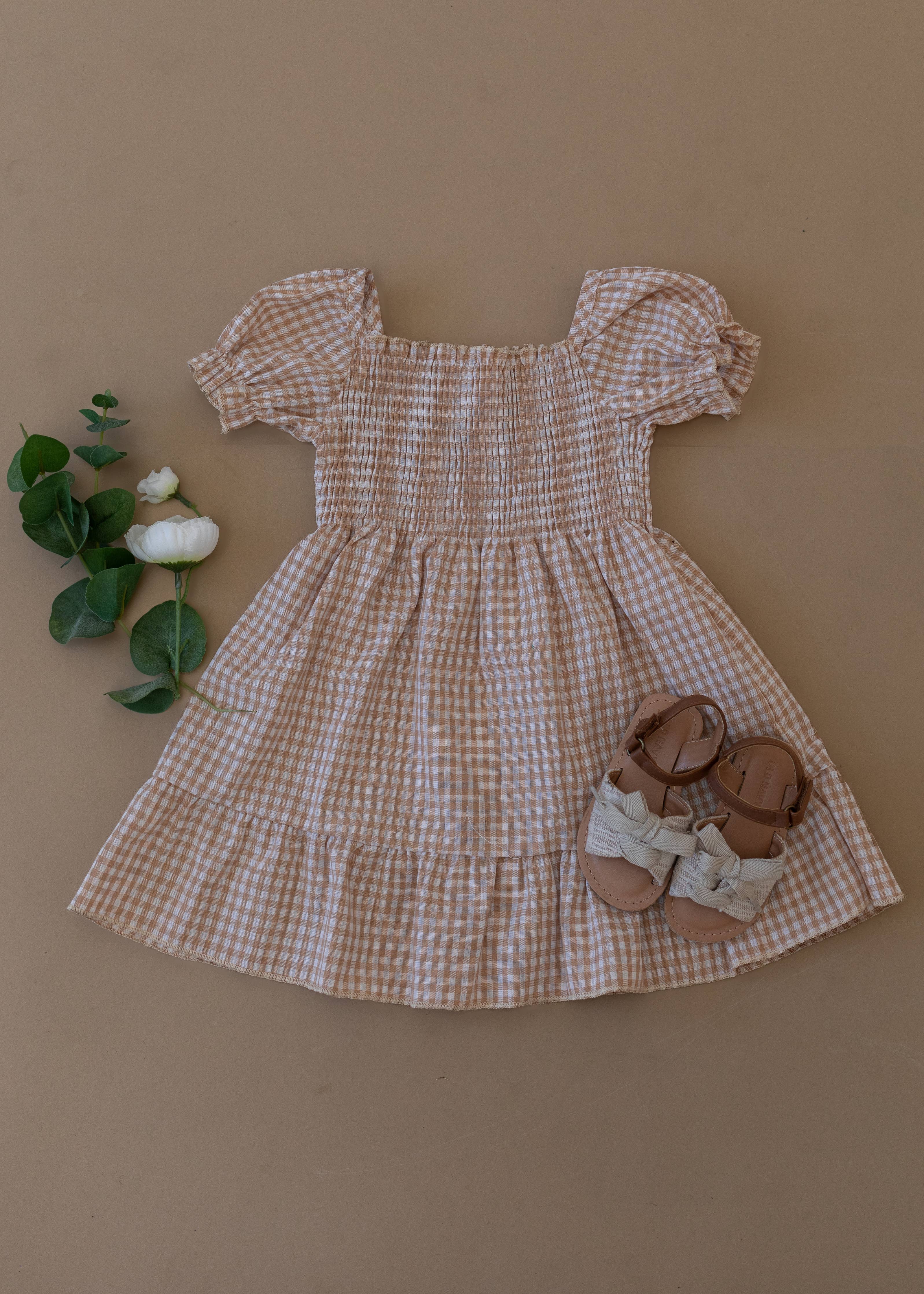 Smocked Tan Gingham Dress